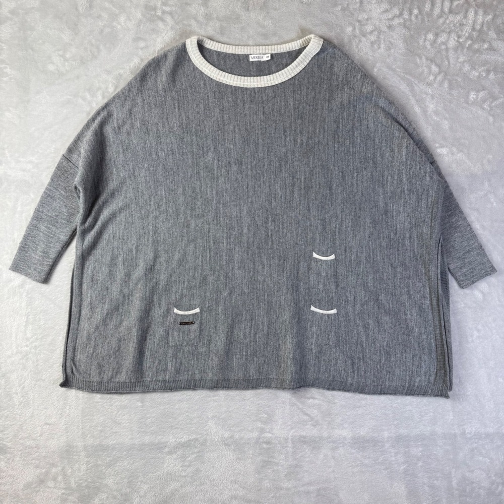 Mersea Catalina Knit Sweater OS Grey White Trim Oversized Pocket Side Slit Top